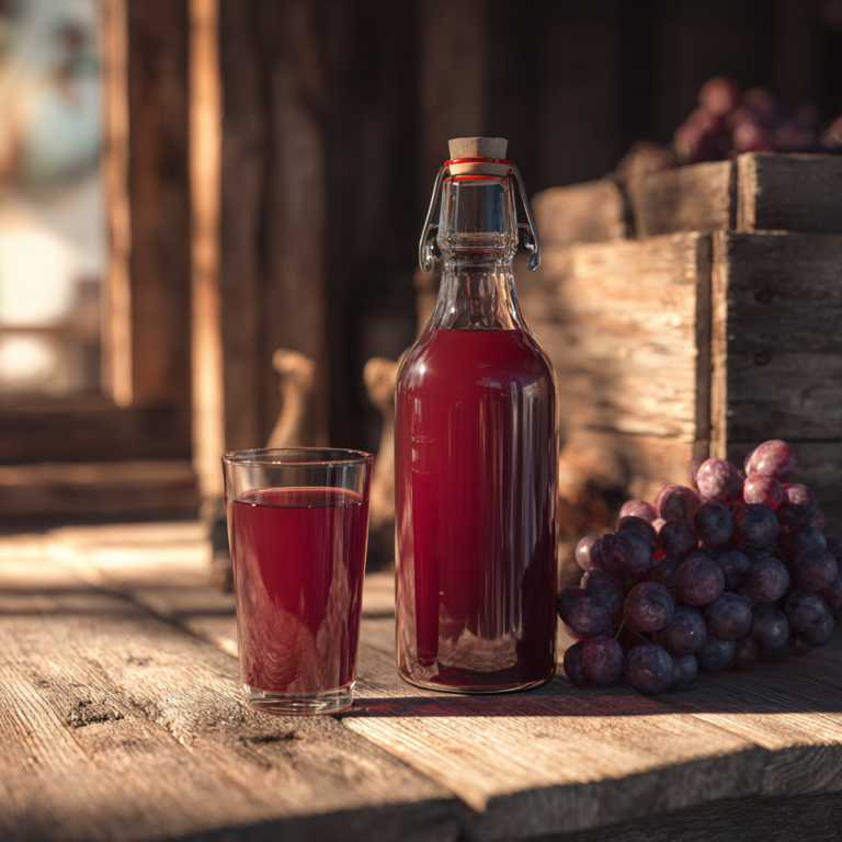 Foto von einer kleinen Bügelflasche mit rotem Traubensaft und einem Glas mit Saft daneben